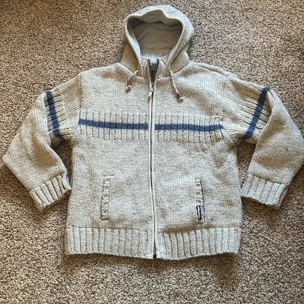 Men's Large Beige w/Blue Stripe Lined Zipup Sweater